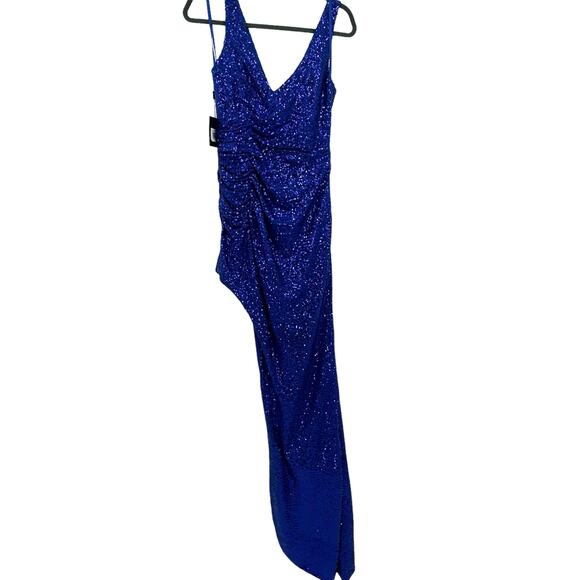 Mac Duggal Sequin Draped Faux Wrap Asymmetrical Hem Gown Cobalt Size 6 NWT - Picture 5 of 12